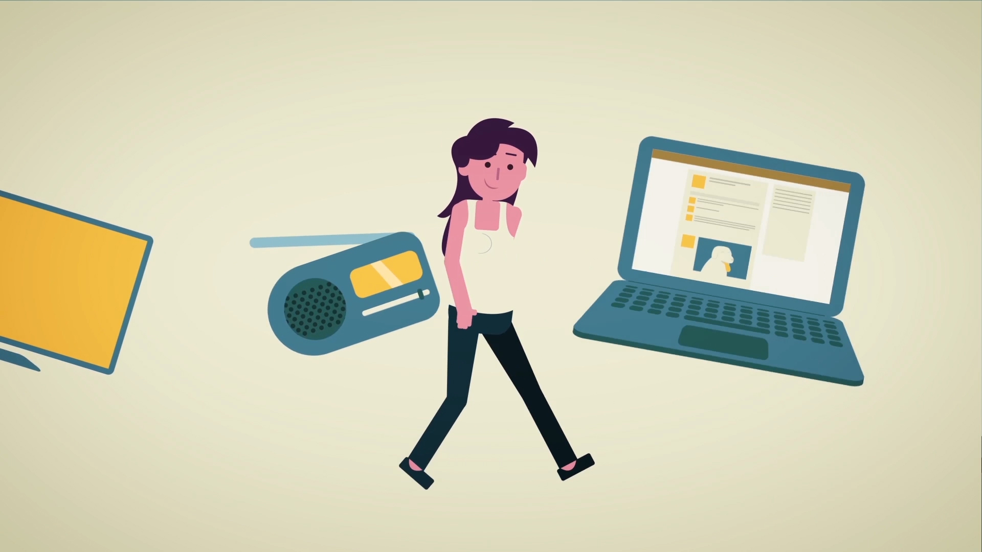 Ilustra��o de uma personagem feminina andando na frente de uma televis�o, um r�dio e um laptop notebook